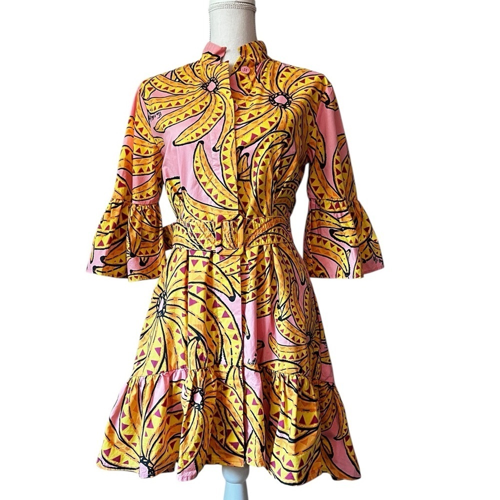 FARM Rio Yellow Pink Bell Sleeve Midi Dress Size Small
